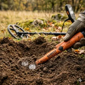 Precíziós pinpointer pontkereső a megtalált érmén